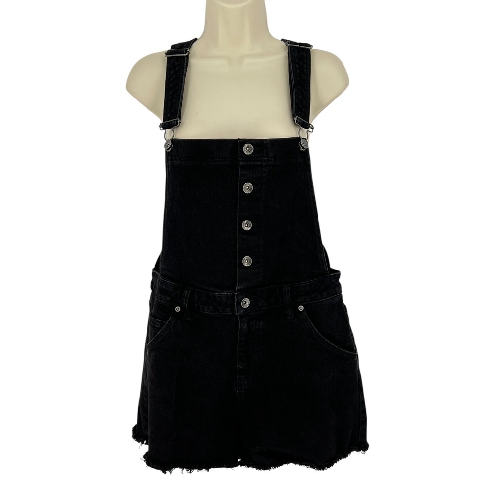 Hot Denim Women's Juniors Shortall Bib Black Denim Pockets Button Front Size M - Picture 4 of 15